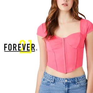 Forever 21 Pink Rib-Knit Hook-and-Eye Corset Crop Top